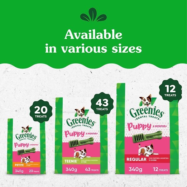 Show full view: Greenies Original Regular Puppy Natural Dental Dog Treats, 340-g pouch slide 3 of 7