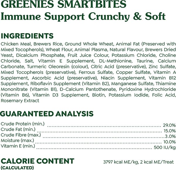 Show full view: Greenies Smartbites Immune Support Chicken Flavour Soft & Crunchy Dog Treats, 227-g pouch slide 6 of 6