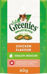Greenies Feline Smartbites Healthy Indoor Natural Dental Care Chicken Flavour Adult Cat Treats, 60-g pouch