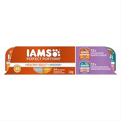 Iams Perfect Portions Variety Pack Adult Grain-Free Chicken Cuts in Gravy & Indoor Salmon Pate Wet Cat Food, 75-g tray, case of 24
