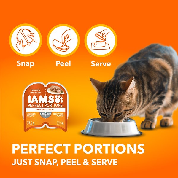 Show full view: Iams Perfect Portions Variety Pack Adult Grain-Free Chicken Cuts in Gravy & Indoor Salmon Pate Wet Cat Food, 75-g tray, case of 24 slide 3 of 6