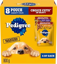 Pedigree Adult Choice Cuts in Gravy Beef, Noodles & Vegetable and Grilled Chicken Flavour Variety Pack Wet Dog Food, 100-g pouch, case of 8