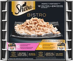 Sheba Bistro Perfect Portions Variety Pack Adult Grain-Free Chicken in Alfredo Sauce & Salmon in Creamy Sauce Wet Cat Food, 75-g tray, case of 12