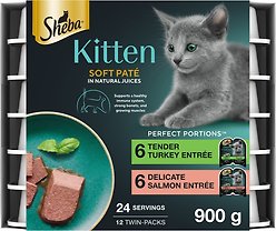 Sheba Perfect Portions Kitten Soft Pate Tender Turkey & Delicate Salmon Entree Wet Cat Food, 75-g tray, case of 12