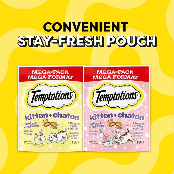 Show full view: Temptations Salmon & Dairy Flavour Soft & Crunchy Kitten Treats, 180-g pouch slide 3 of 6