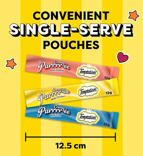 Show full view: Temptations Creamy Puree with Chicken, Salmon & Tuna Variety Pack Lickable Cat Treats, 12-g pouch, pack of 24 slide 5 of 6