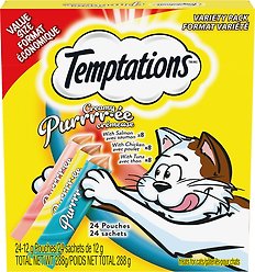 Temptations Creamy Puree with Chicken, Salmon & Tuna Variety Pack Lickable Cat Treats, 12-g pouch, pack of 24
