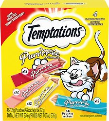 Temptations Adult Creamy Puree with Beef Liver, Salmon, Chicken and Tuna Lickable Cat Treats, 12-g pouch, case of 48