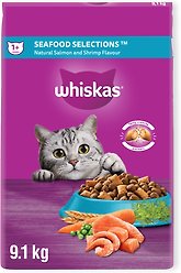Whiskas Seafood Selections Salmon & Shrimp Flavour Natural Adult Dry Cat Food, 9.1-kg bag