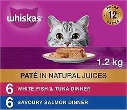 Whiskas Seafood Selections Variety Pack Whitefish & Tuna, Savoury Salmon Pate Wet Cat Food, 100-g tray, case of 12