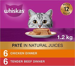 Whiskas Meaty Selections Variety Pack Chicken & Tender Beef Dinner Pate Wet Cat Food, 100-g tray, case of 12