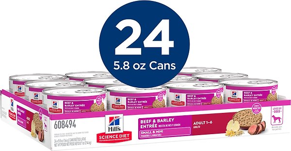 Show full view: Hill's Science Diet Adult Small & Mini Beef & Barley Entree Canned Dog Food, 5.8-oz can, case of 24 slide 4 of 11