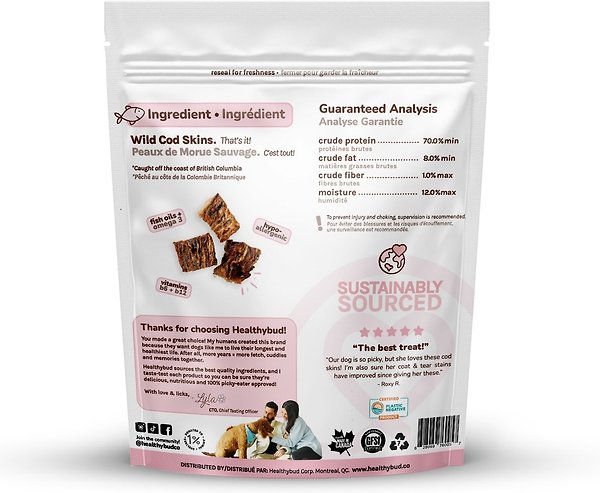 Show full view: Healthybud Cod Skin Crunchy Single-Ingredient Dog & Cat Treats, 2.8-oz bag slide 3 of 4