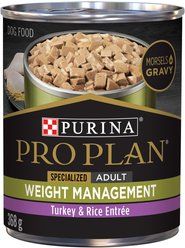 Purina Pro Plan Weight Management Turkey & Rice Entree Morsels in Gravy Wet Dog Food, 368-g can, case of 12