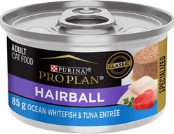 Purina Pro Plan Hairball Ocean Whitefish & Tuna Entree Wet Cat Food, 85-g can, case of 24