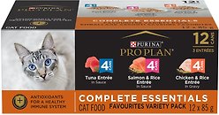 Purina Pro Plan Complete Essentials Favourites Tuna Entree, Salmon & Rice Entree, Chicken & Rice Entree Variety Pack Wet Cat Food, 85-g can, case of 12