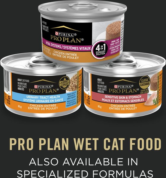 Show full view: Purina Pro Plan Complete Essentials Favourites Tuna Entree, Salmon & Rice Entree, Chicken & Rice Entree Variety Pack Wet Cat Food, 85-g can, case of 12 slide 6 of 9