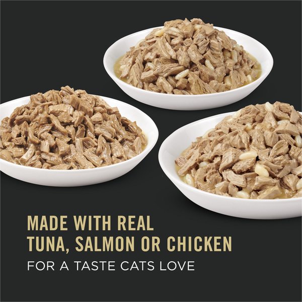 Show full view: Purina Pro Plan Complete Essentials Favourites Tuna Entree, Salmon & Rice Entree, Chicken & Rice Entree Variety Pack Wet Cat Food, 85-g can, case of 12 slide 7 of 9