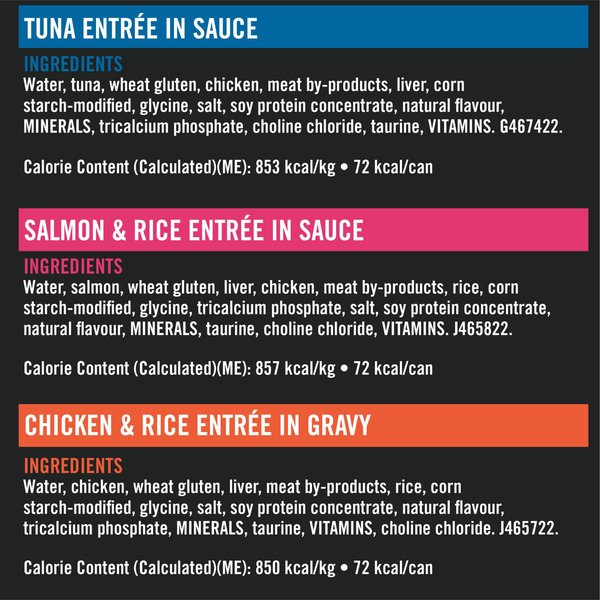 Show full view: Purina Pro Plan Complete Essentials Favourites Tuna Entree, Salmon & Rice Entree, Chicken & Rice Entree Variety Pack Wet Cat Food, 85-g can, case of 12 slide 9 of 9