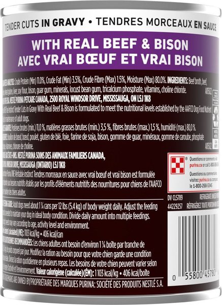 Show full view: Purina ONE True Instinct Tender Cuts in Gravy with Real Beef & Bison Wet Dog Food, 368-g can, case of 12 slide 3 of 10