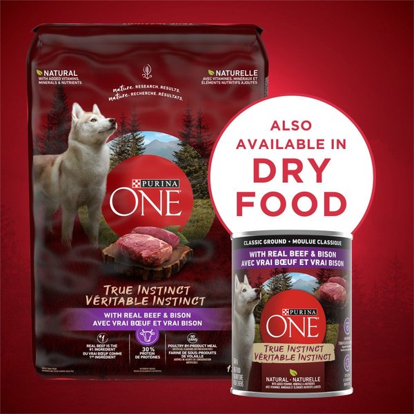 Show full view: Purina ONE True Instinct Tender Cuts in Gravy with Real Beef & Bison Wet Dog Food, 368-g can, case of 12 slide 6 of 10
