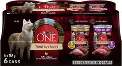 Purina ONE True Instinct Tender Cuts in Gravy Variety Pack Turkey & Venison, Beef & Bison Wet Dog Food, 368-g can, case of 6