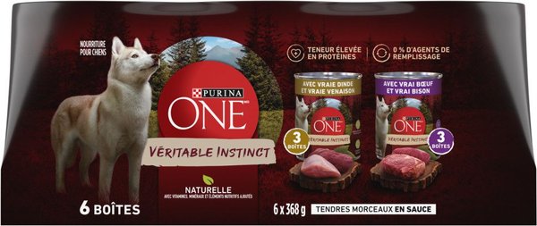 Show full view: Purina ONE True Instinct Tender Cuts in Gravy Variety Pack Turkey & Venison, Beef & Bison Wet Dog Food, 368-g can, case of 6 slide 3 of 9