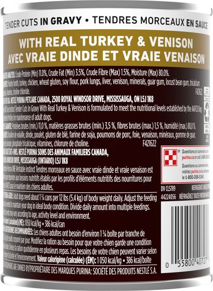 Show full view: Purina ONE True Instinct Tender Cuts in Gravy Turkey & Venison Wet Dog Food, 368-g can, case of 12 slide 3 of 11