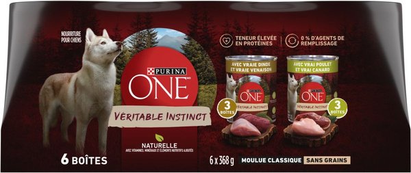 Show full view: Purina ONE True Instinct Classic Ground Variety Pack Turkey, Venison, Chicken & Duck Wet Dog Food, 368-g can, case of 6 slide 3 of 11