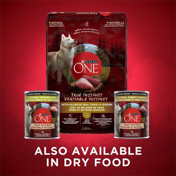 Show full view: Purina ONE True Instinct Classic Ground Variety Pack Turkey, Venison, Chicken & Duck Wet Dog Food, 368-g can, case of 6 slide 7 of 11