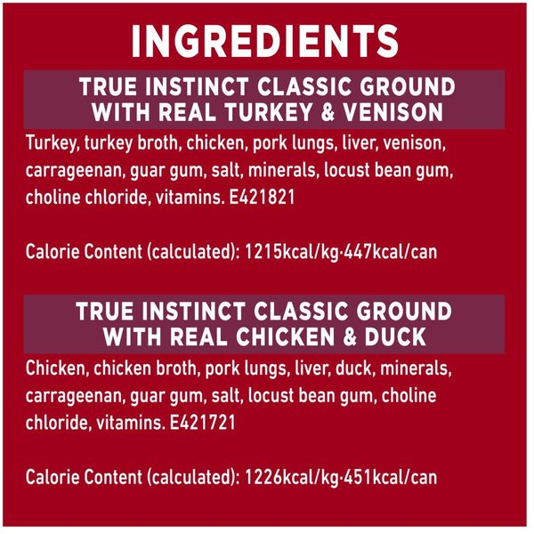 Show full view: Purina ONE True Instinct Classic Ground Variety Pack Turkey, Venison, Chicken & Duck Wet Dog Food, 368-g can, case of 6 slide 8 of 11