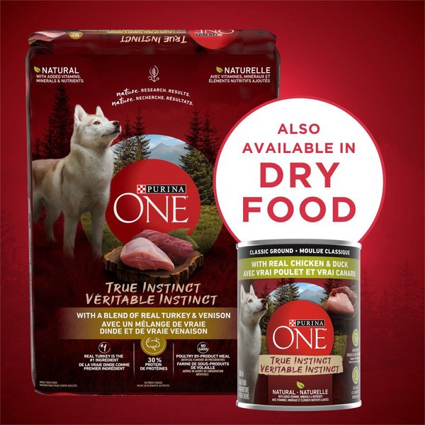 Show full view: Purina ONE True Instinct Classic Ground Chicken & Duck Wet Dog Food, 368-g can, case of 12 slide 7 of 11