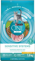 Purina ONE +Plus Sensitive Systems Turkey Dry Cat Food, 1.8-kg bag