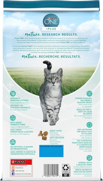Show full view: Purina ONE +Plus Sensitive Systems Turkey Dry Cat Food, 1.8-kg bag slide 3 of 10