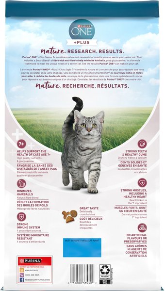 Show full view: Purina ONE +Plus Senior 7+ Chicken Dry Cat Food, 1.8-kg bag slide 3 of 10