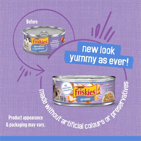 Show full view: Friskies Shredded Turkey & Cheese Dinner in Gravy Wet Cat Food, 156-g can, case of 24 slide 3 of 12