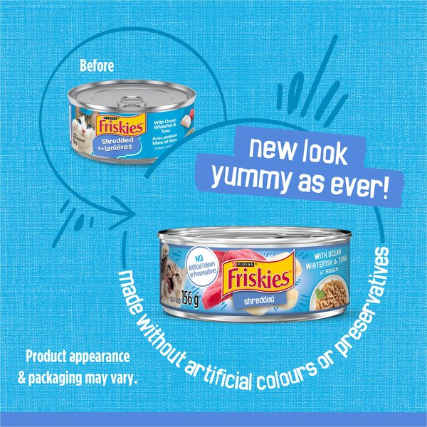 Show full view: Friskies Shredded Ocean Whitefish & Tuna Wet Cat Food, 156-g can, case of 24 slide 3 of 12