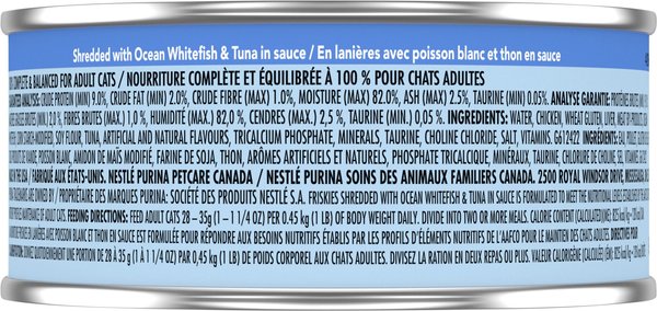 Show full view: Friskies Shredded Ocean Whitefish & Tuna Wet Cat Food, 156-g can, case of 24 slide 4 of 12