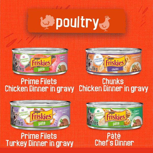 Show full view: Friskies Poultry Variety Pack Wet Cat Food, 156-g can, case of 32 slide 8 of 9