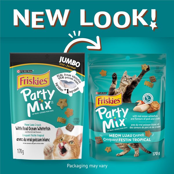 Show full view: Friskies Party Mix Meow Luau Crunch with Real Ocean Whitefish Cat Treats, 170-g pouch slide 7 of 11