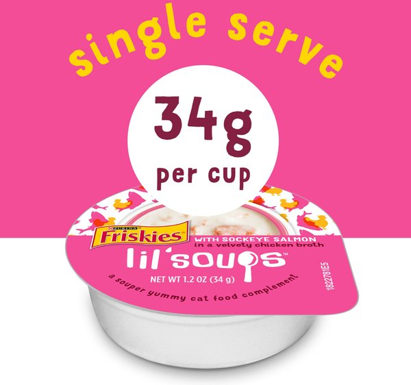 Show full view: Friskies Lil’ Soups with Sockeye Salmon in a Velvety Chicken Broth Cat Food Complement, 34-g tray, case of 8 slide 4 of 11