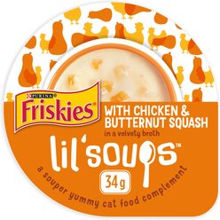 Friskies Lil’ Soups with Chicken & Butternut Squash in a Velvety Broth Cat Food Complement, 34-g tray, case of 8