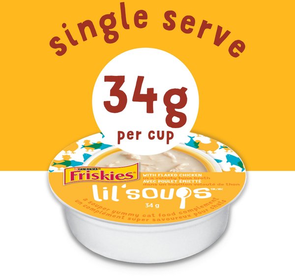 Show full view: Friskies Lil' Soups with Flaked Chicken Cat Food Complement, 34-g tray, case of 8 slide 4 of 11