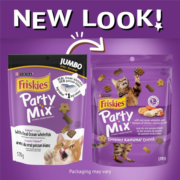 Show full view: Friskies Party Mix Kahuna Crunch with Real Ocean Whitefish Cat Treats, 170-g pouch slide 7 of 9