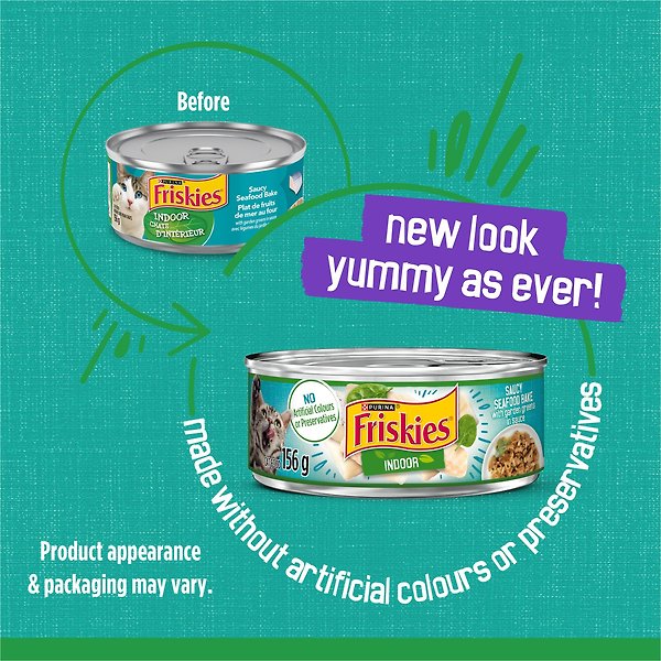 Show full view: Friskies Indoor Saucy Seafood Bake with Garden Greens in Sauce Wet Cat Food, 156-g can, case of 24 slide 3 of 11