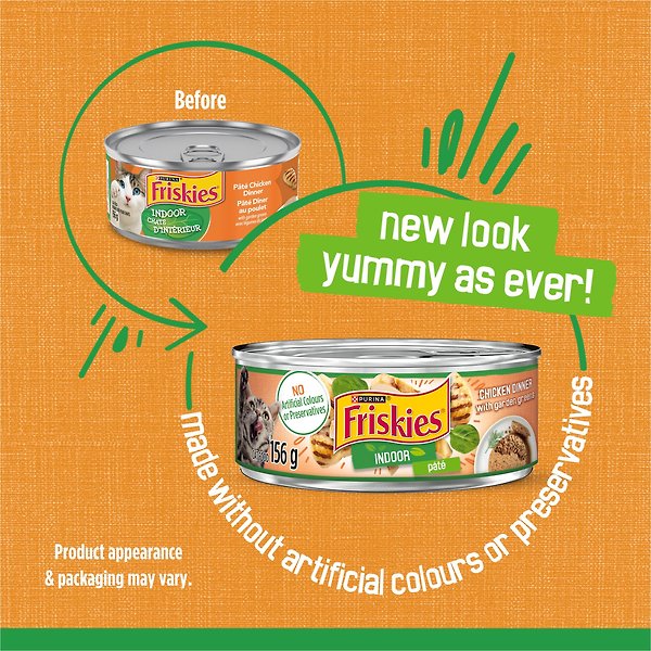 Show full view: Friskies Indoor Paté Chicken Dinner with Garden Greens Wet Cat Food, 156-g can, case of 24 slide 3 of 11