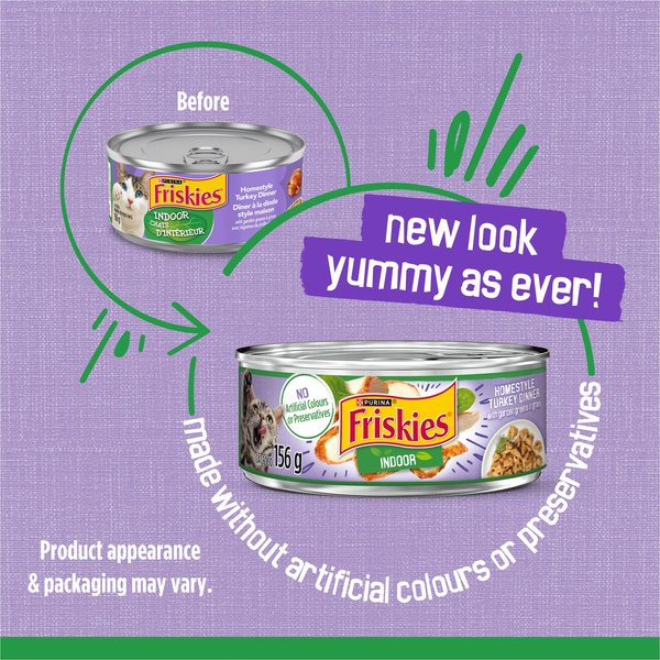 Show full view: Friskies Indoor Homestyle Turkey Dinner with Garden Greens in Gravy Wet Cat Food, 156-g can, case of 24 slide 3 of 11