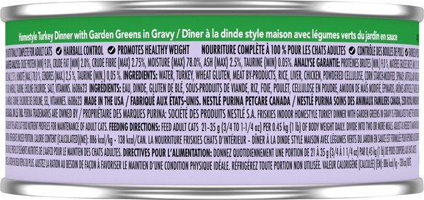 Show full view: Friskies Indoor Homestyle Turkey Dinner with Garden Greens in Gravy Wet Cat Food, 156-g can, case of 24 slide 4 of 11