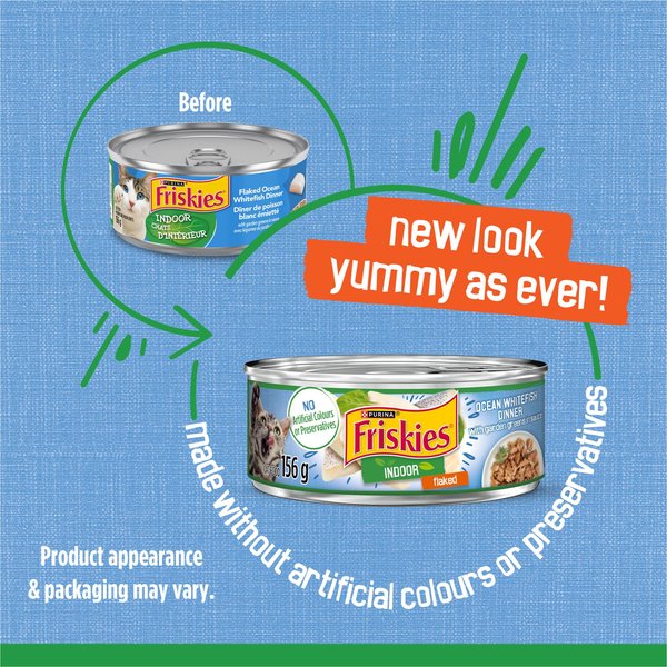 Show full view: Friskies Indoor Flaked Ocean Whitefish Dinner with Garden Greens in Sauce Wet Cat Food, 156-g can, case of 24 slide 3 of 11