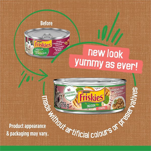 Show full view: Friskies Indoor Chunky Chicken & Turkey Casserole with Garden Greens in Gravy Wet Cat Food, 156-g can, case of 24 slide 3 of 11